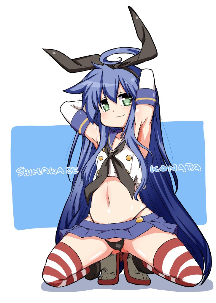 1girl :3 ahoge armpits arms_behind_head black_hairband black_panties blue_background blue_hair blue_skirt blush character_name cosplay elbow_gloves gloves green_eyes hairband horizontal-striped_legwear horizontal_stripes izumi_konata kantai_collection long_hair lucky_star mizushima_(p201112) navel panties shimakaze_(kantai_collection) shimakaze_(kantai_collection)_(cosplay) skirt smile solo squatting striped striped_legwear thigh-highs underwear very_long_hair white_background