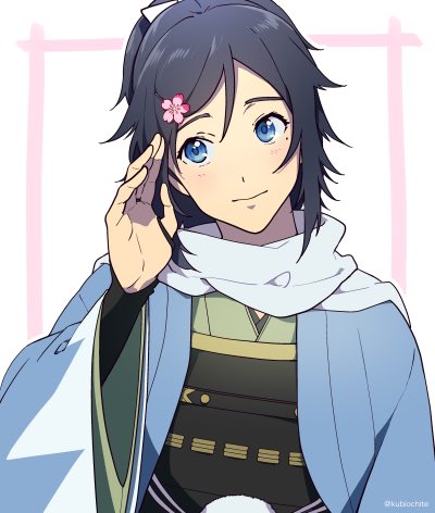 1boy blue_eyes blue_hair blush dalc_rose hair_ornament hair_ribbon hairpin japanese_clothes lowres male_focus mole mole_under_eye ponytail ribbon scarf solo touken_ranbu yamato-no-kami_yasusada