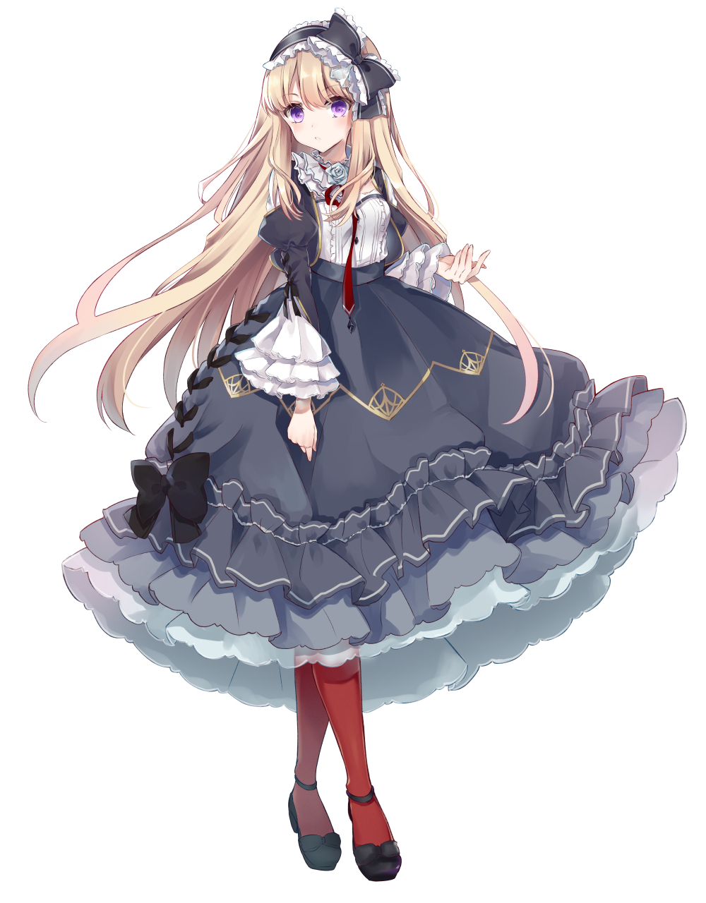 1girl black_bow black_dress black_footwear black_hairband blonde_hair bow breasts copyright_request dress frills full_body gothic_lolita hair_bow hairband highres kisaragi_yuri lolita_fashion long_sleeves looking_at_viewer official_art pantyhose puffy_sleeves red_legwear shoes small_breasts solo standing violet_eyes