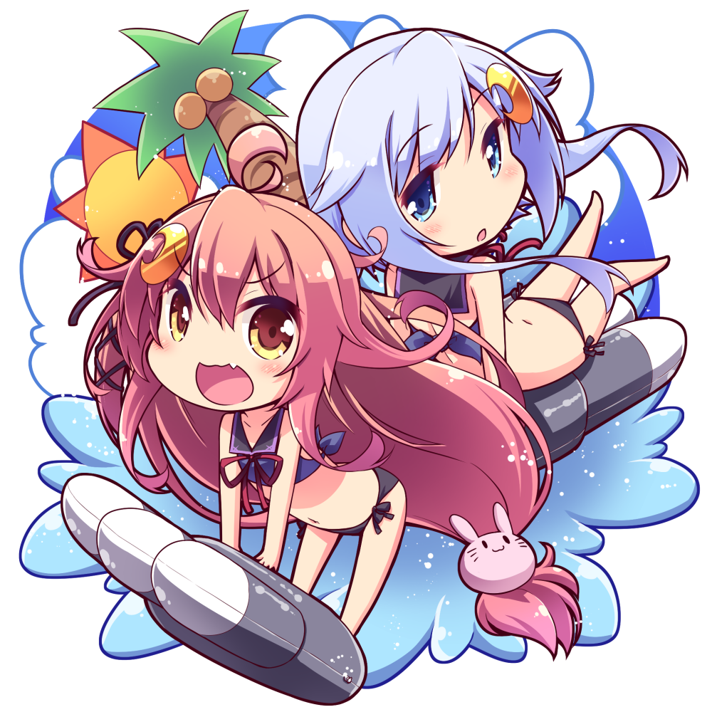 2girls :d adapted_costume bikini blue_bikini blue_eyes bunny_hair_ornament crescent crescent_hair_ornament fang hair_ornament hirose_madoka kantai_collection long_hair multiple_girls open_mouth parted_lips pink_hair purple_hair short_hair_with_long_locks side-tie_bikini smile swimsuit torpedo uzuki_(kantai_collection) v-shaped_eyebrows yayoi_(kantai_collection) yellow_eyes