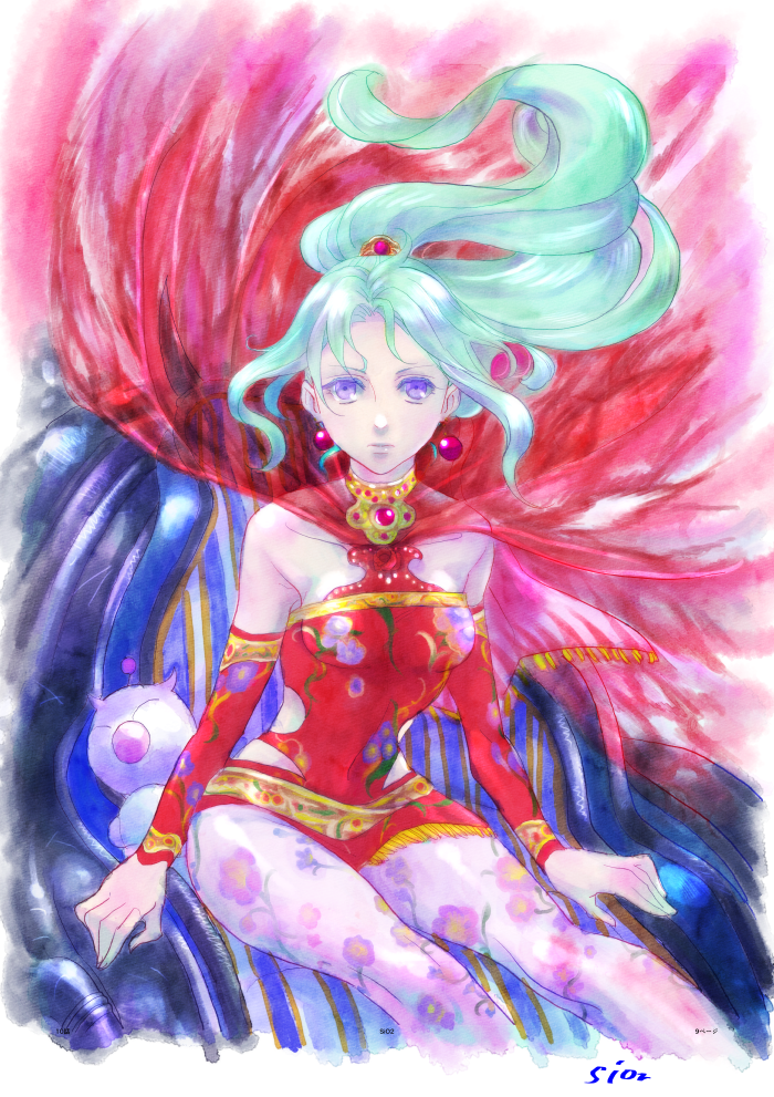 1girl breasts cape capelet commentary_request detached_sleeves dress earrings elbow_gloves final_fantasy final_fantasy_vi gloves green_hair jewelry long_hair moogle pantyhose ponytail print_legwear sio2_(nisankakeiso) small_breasts solo tina_branford violet_eyes
