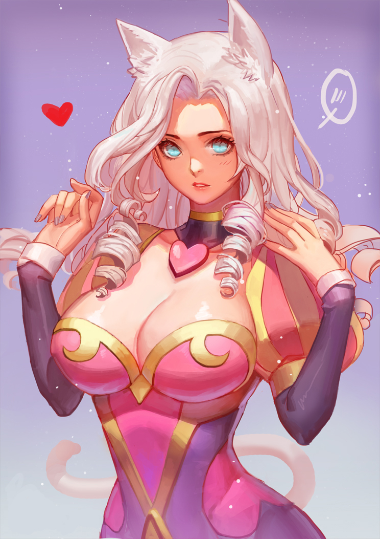 1girl animal_ears ashe_(league_of_legends) blue_eyes blush breasts cat_ears cat_tail cleavage collarbone cowboy_shot curly_hair dress heart heartseeker_ashe large_breasts league_of_legends long_hair looking_at_viewer pink_dress purple_background simple_background solo songjikyo tail upper_body white_hair