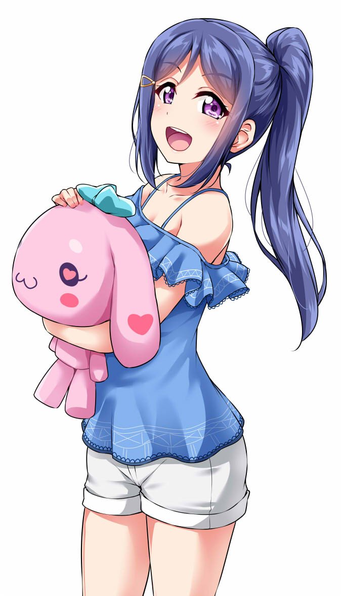 1girl :d blue_hair blue_shirt breasts cleavage commentary_request cowboy_shot eyebrows_visible_through_hair frills hair_ornament hairclip holding holding_stuffed_animal long_hair looking_at_viewer love_live! love_live!_sunshine!! matsuura_kanan nail_polish open_mouth pink_nails ponytail round_teeth shirt shorts sidelocks simple_background smile solo spaghetti_strap stuffed_animal stuffed_toy teeth upper_teeth violet_eyes white_background white_shorts yopparai_oni