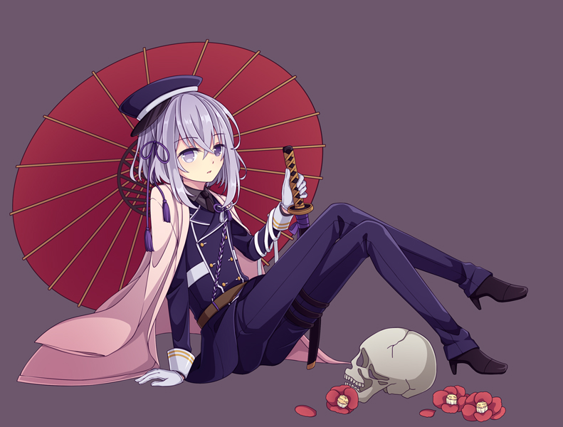 1boy camellia cape flower gloves hat high_heels honebami_toushirou hyou_(pixiv3677917) male_focus military military_uniform necktie oriental_umbrella parted_lips sheath sheathed sitting skull sword touken_ranbu umbrella uniform violet_eyes wakizashi weapon white_gloves white_hair