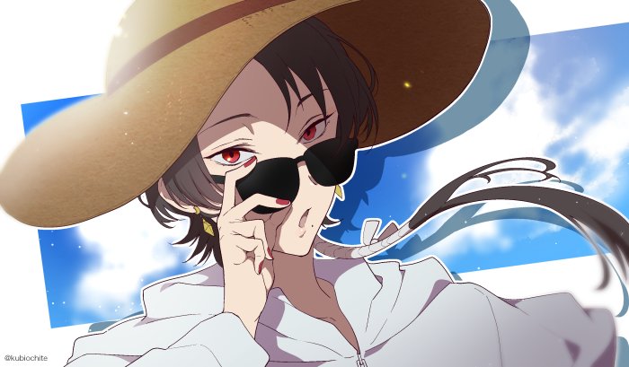 1boy brown_hair dalc_rose earrings hat jewelry kashuu_kiyomitsu male_focus mole mole_under_mouth nail_polish red_eyes summer sun_hat sunglasses sweater touken_ranbu touken_ranbu:_hanamaru twitter_username