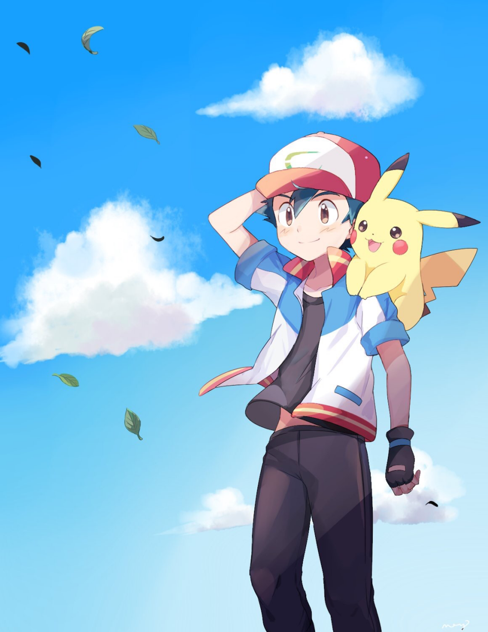 1boy :3 :d arm_up bangs baseball_cap black_gloves black_hair black_pants black_shirt blue_jacket blue_sky brown_eyes closed_mouth clouds collarbone commentary day fingerless_gloves gen_1_pokemon gloves hair_between_eyes hat high_collar highres jacket leaf looking_away mei_(maysroom) open_clothes open_jacket open_mouth outdoors pants pikachu pokemon_(classic_anime) pokemon_(creature) pokemon_on_shoulder red_hat satoshi_(pokemon) shirt short_sleeves signature sky smile standing white_hat white_jacket wind