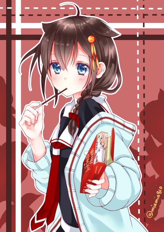 1girl blue_eyes blush braid brown_hair commentary_request food hair_ornament ishida_mia kantai_collection pocky pocky_day shigure_(kantai_collection) single_braid solo