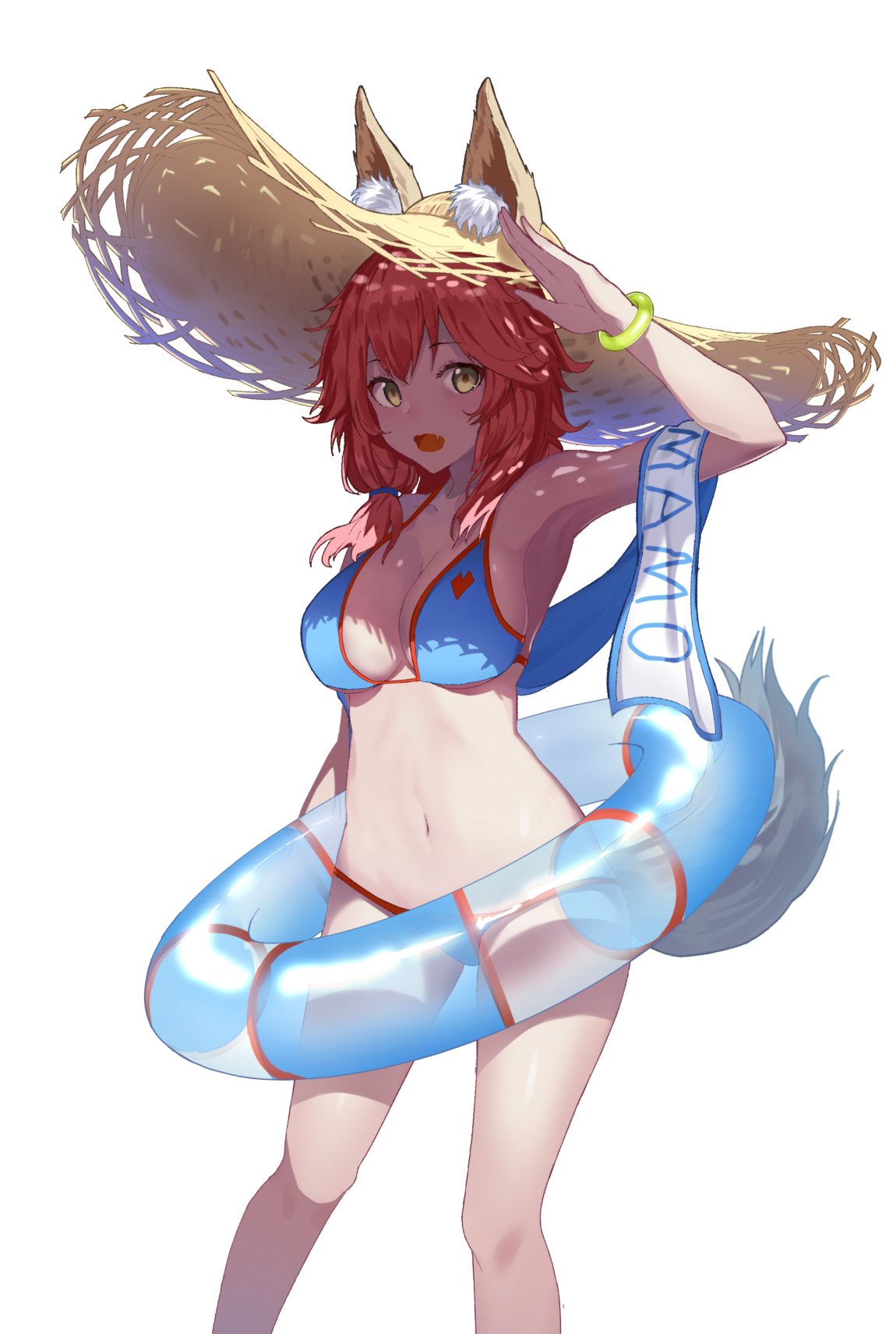 1girl animal_ears arm_up armpits bangs bikini bracelet breasts cleavage ears_through_headwear eyebrows_visible_through_hair fang fate/grand_order fate_(series) feet_out_of_frame fox_ears fox_tail hair_ornament hat highres innertube jewelry large_breasts long_hair looking_at_viewer navel open_mouth oweee pink_hair simple_background solo standing straw_hat sun_hat swimsuit tail tamamo_(fate)_(all) tamamo_no_mae_(swimsuit_lancer)_(fate) white_background yellow_eyes