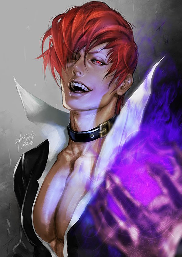 1boy az_pt bangs choker clenched_hand collared_shirt dated fire grey_background hair_over_one_eye holding lips looking_at_viewer male_focus open_mouth popped_collar purple_fire red_eyes redhead shirt short_hair signature simple_background smile solo teeth the_king_of_fighters upper_body wing_collar yagami_iori