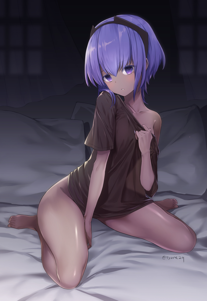 1girl bare_legs barefoot between_legs blurry breasts dark_skin depth_of_field eyebrows_visible_through_hair fate/grand_order fate_(series) hand_between_legs hand_on_own_chest hassan_of_serenity_(fate) indoors looking_at_viewer naked_shirt off_shoulder on_bed parted_lips purple_hair see-through_silhouette shirt short_hair sitting small_breasts solo tyone violet_eyes wariza