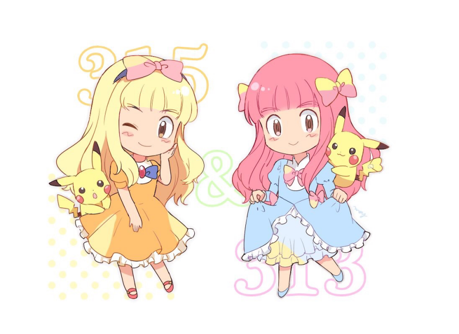 2boys bangs black_hairband blonde_hair blue_bow blue_dress blue_footwear blue_neckwear blunt_bangs blush_stickers bow bowtie brooch brown_eyes chibi closed_mouth crossdressinging dress eyebrows_visible_through_hair frilled_dress frills full_body gen_1_pokemon hair_bow hairband hand_on_own_cheek hand_up head_tilt jewelry juliet_sleeves long_hair long_sleeves looking_at_viewer mei_(maysroom) multiple_boys no_socks number one_eye_closed orange_dress petticoat pikachu pink_bow pink_neckwear pokemon pokemon_(anime) pokemon_(classic_anime) pokemon_(creature) pokemon_bw_(anime) pokemon_on_shoulder polka_dot puffy_short_sleeves puffy_sleeves red_footwear satoko_(pokemon) satomi_(pokemon) short_sleeves sidelocks skirt_hold smile standing standing_on_one_leg white_background yellow_bow