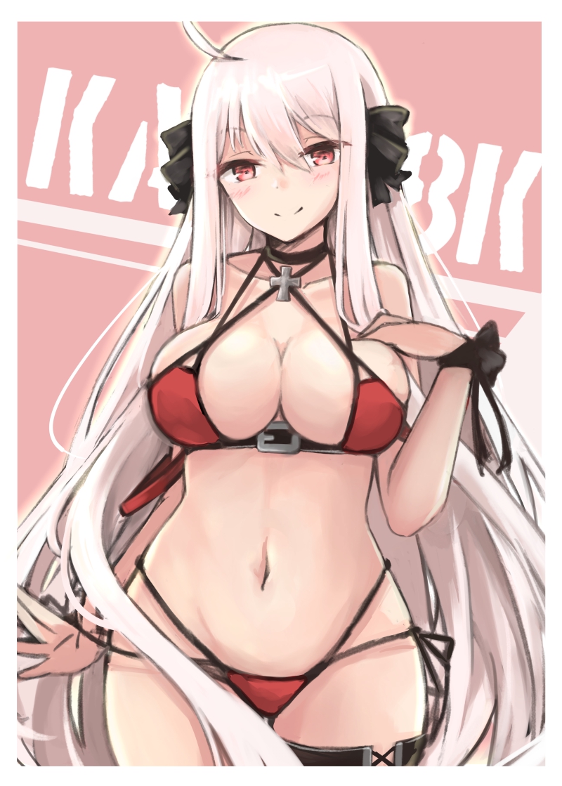 1girl ahoge alternate_costume bangs belt bikini black_ribbon blush boots breasts character_name choker cleavage closed_mouth collarbone eyebrows_visible_through_hair girls_frontline hair_between_eyes hair_ornament hair_ribbon hakuya_(white_night) hand_on_own_chest iron_cross kar98k_(girls_frontline) large_breasts long_hair looking_at_viewer navel open_mouth red_bikini red_eyes ribbon side-tie_bikini simple_background skindentation smile solo swimsuit thigh-highs thigh_boots very_long_hair white_hair wrist_ribbon