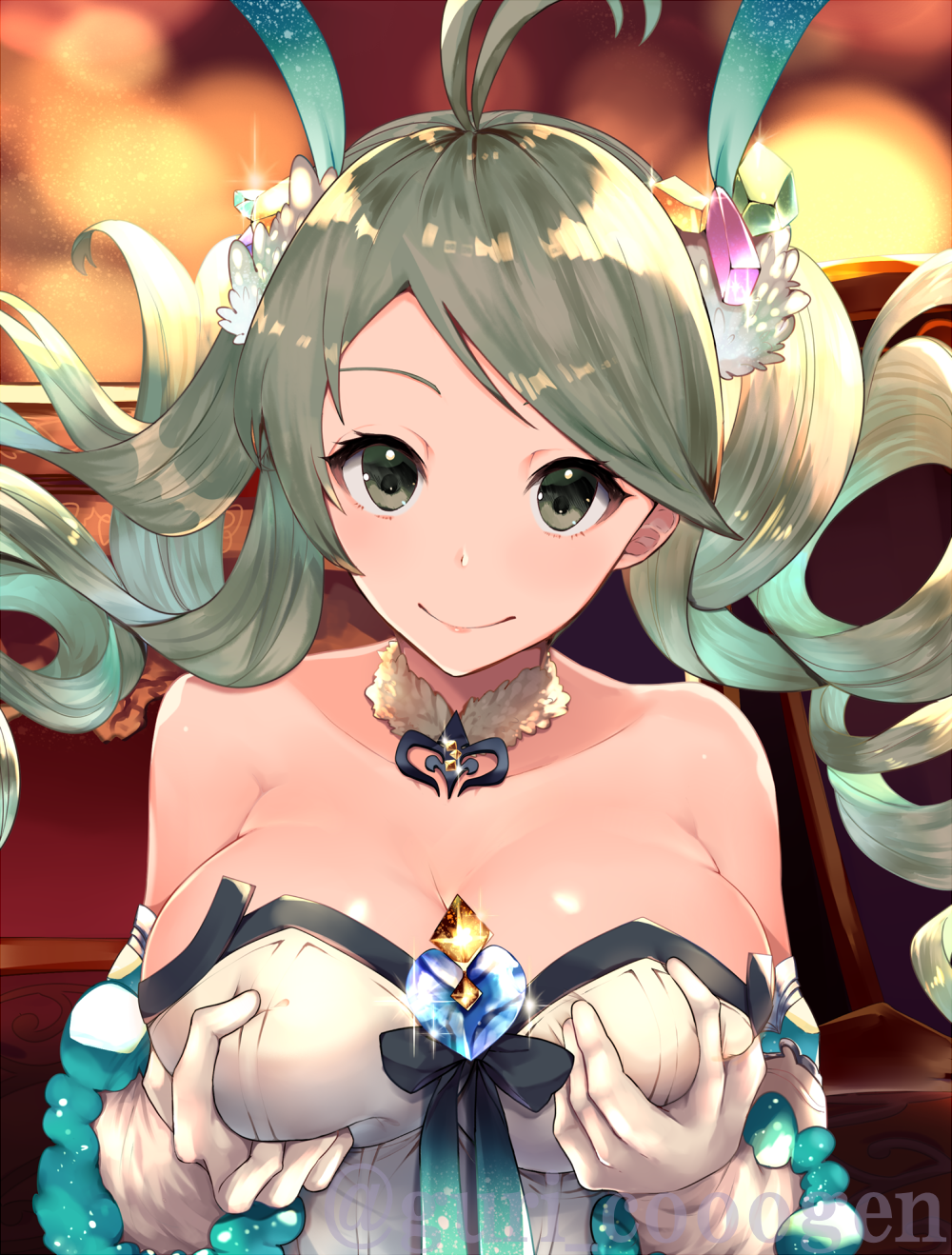 1girl antenna_hair bangs bare_shoulders breasts cleavage de_la_fille detached_collar dress drill_hair elbow_gloves gem gloves granblue_fantasy green_eyes green_hair guri1105 hair_ornament highres jewelry large_breasts long_hair looking_at_viewer self_fondle shiny shiny_skin smile solo strapless strapless_dress swept_bangs tied_hair twin_drills twintails twitter_username upper_body white_dress white_gloves