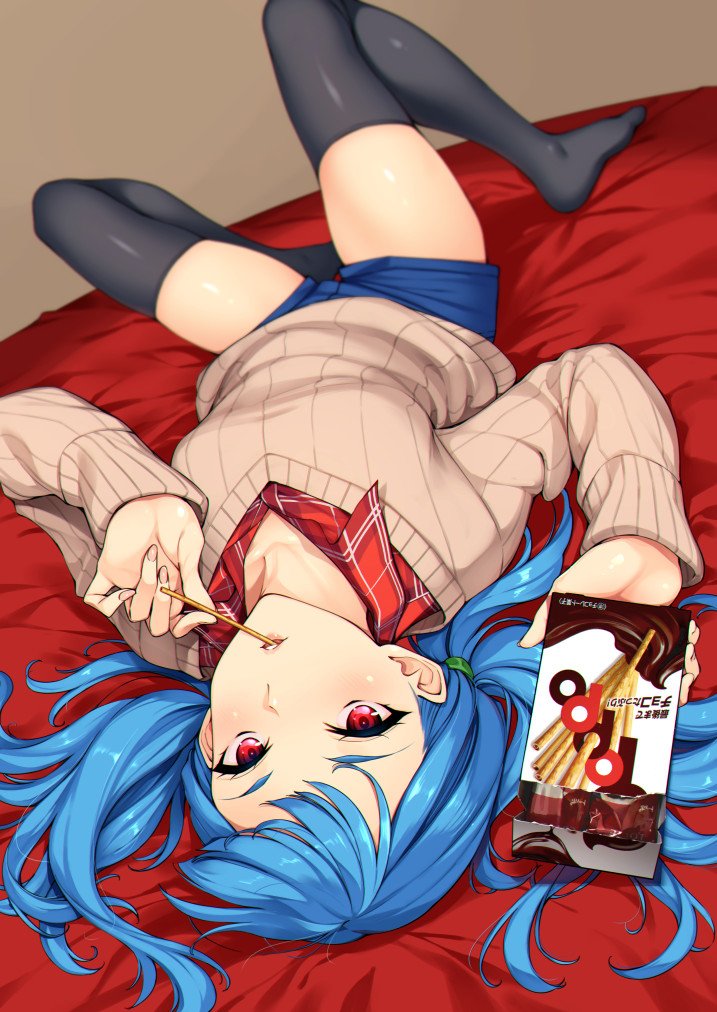 1girl black_legwear blue_hair blue_shorts brown_sweater hair_tubes holding jpeg_artifacts long_hair long_sleeves looking_at_viewer lying on_back original plaid plaid_shirt red_eyes shirt shorts solo sugarbeat sweater v-neck