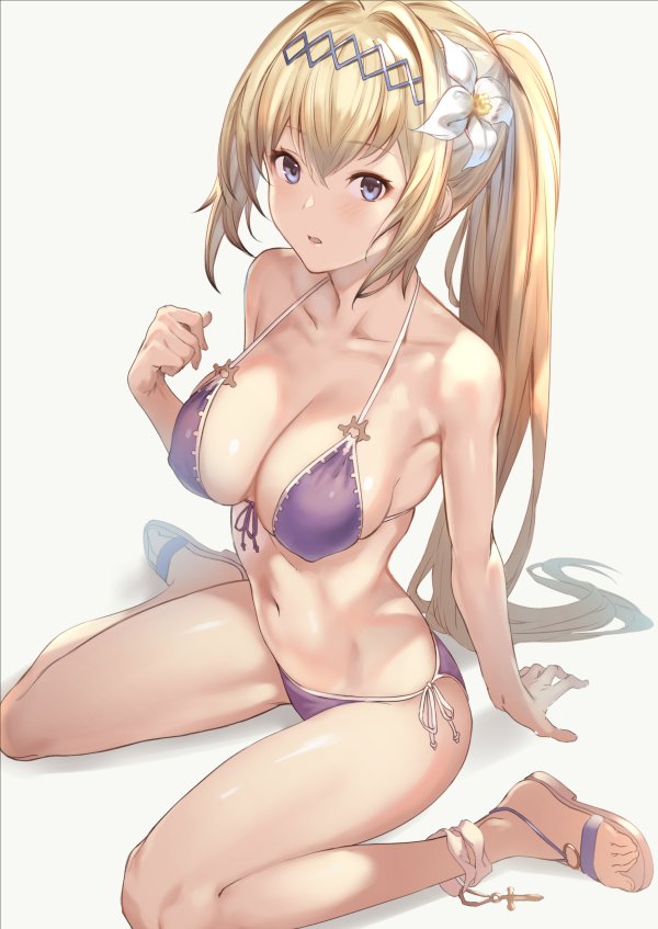 1girl arm_support bikini blonde_hair blue_eyes breasts collarbone eyebrows_visible_through_hair flower front-tie_bikini front-tie_top granblue_fantasy grey_background hair_flower hair_ornament hairband halterneck hand_up jeanne_d'arc_(granblue_fantasy) large_breasts long_hair looking_at_viewer navel parted_lips ponytail purple_bikini sandals side-tie_bikini simple_background sitting sola_(solo0730) solo swimsuit very_long_hair wariza