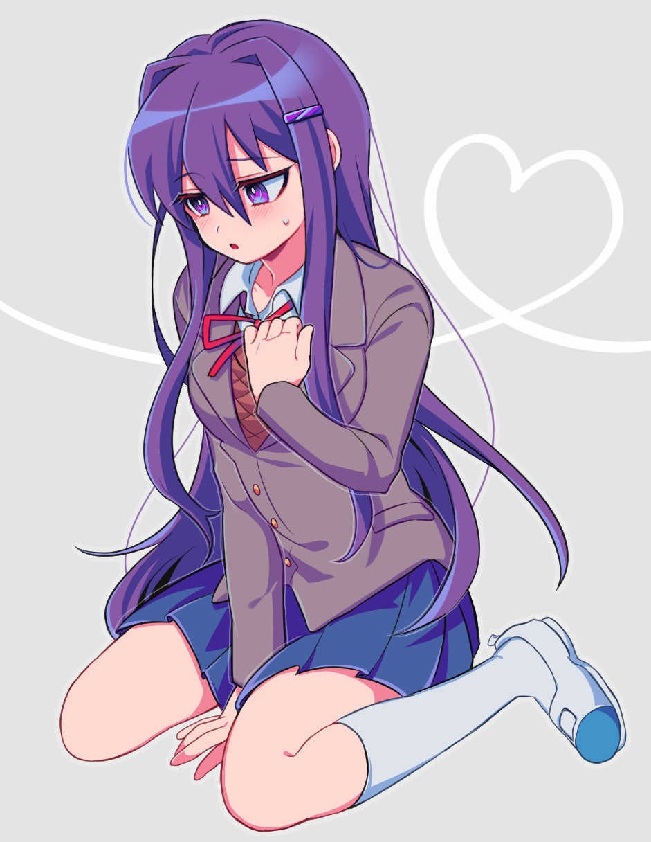 1girl between_legs blue_skirt blush doki_doki_literature_club eyebrows_visible_through_hair eyes_visible_through_hair full_body grey_background hair_between_eyes hair_ornament hairclip hand_between_legs hand_on_own_chest heart highres kneehighs long_hair pleated_skirt purple_hair sasakama_(sasagaki01) shoes simple_background sitting skirt solo violet_eyes wariza white_legwear yuri_(doki_doki_literature_club)