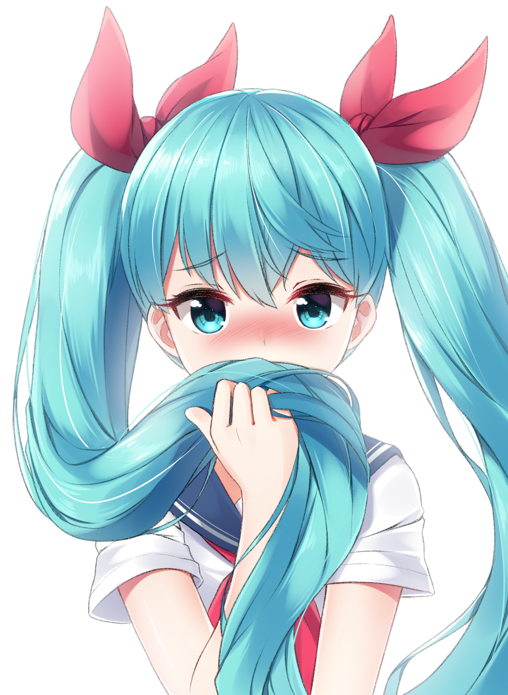 1girl bangs blue_eyes blue_hair blush bow eyebrows_visible_through_hair hair_between_eyes hair_bow hair_over_mouth hatsune_miku highres holding holding_hair long_hair mk82_(hoonsyh) neckerchief red_bow red_neckwear shirt short_sleeves solo twintails upper_body very_long_hair vocaloid white_shirt