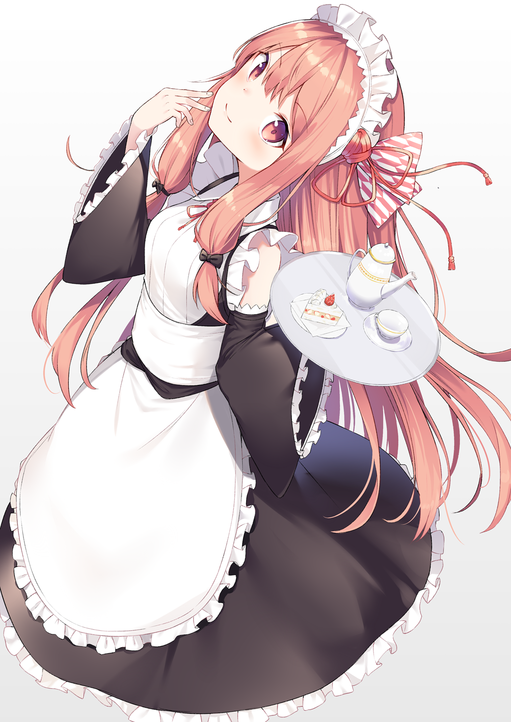 1girl apron bangs bare_shoulders black_bow black_dress blush bow cake closed_mouth cup detached_sleeves dress eyebrows_visible_through_hair fingernails food frilled_apron frilled_dress frilled_sleeves frills fruit gradient gradient_background hair_bow head_tilt highres holding kotonoha_akane long_hair long_sleeves looking_at_viewer maid maid_apron maid_headdress napkin pink_eyes pink_hair plate saucer smile solo straight_hair strawberry teacup teapot very_long_hair voiceroid wa_maid waist_apron white_apron wide_sleeves yukarite