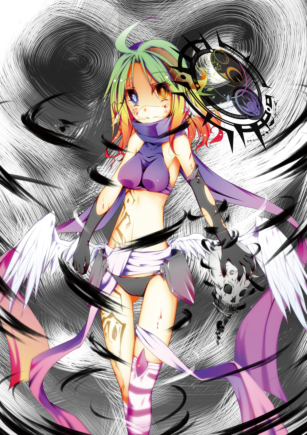 1girl ahoge angel_wings azriel_(no_game_no_life) blood blood_on_face blue_eyes breasts commentary_request crop_top earth0 evil_grin evil_smile facial_tattoo feathered_wings gloves gradient_hair green_hair grin halo heterochromia highres horn long_hair low_wings magic_circle medium_breasts midriff mismatched_legwear multicolored_hair navel no_game_no_life scarf skull smile solo stomach symbol-shaped_pupils tattoo white_wings wing_ears wings yellow_eyes
