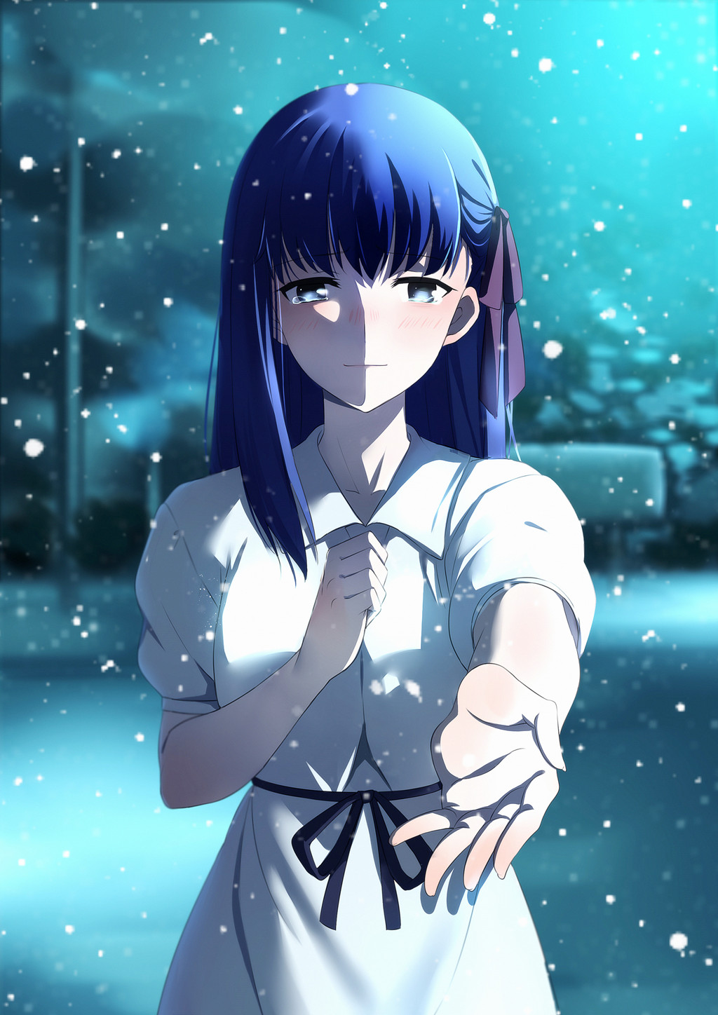 1girl bangs blush closed_mouth commentary_request cowboy_shot dress fate/stay_night fate_(series) hair_ribbon heaven's_feel highres long_dress looking_at_viewer matou_sakura outstretched_arm outstretched_hand purple_hair red_ribbon ribbon short_hair smile snow snowing solo tears upper_body violet_eyes white_dress yaoshi_jun