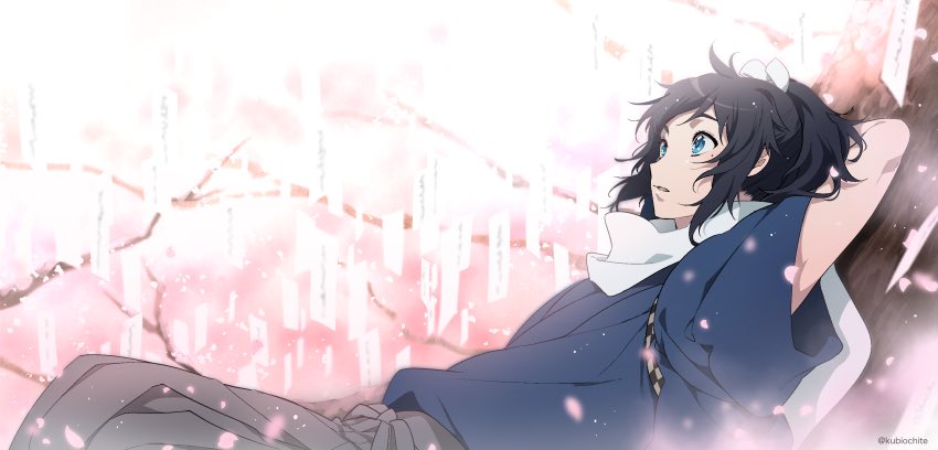 1boy blue_eyes blue_hair cherry_blossoms dalc_rose hair_ribbon in_tree japanese_clothes kimono looking_up male_focus mole mole_under_eye ponytail ribbon scarf solo touken_ranbu touken_ranbu:_hanamaru tree twitter_username yamato-no-kami_yasusada