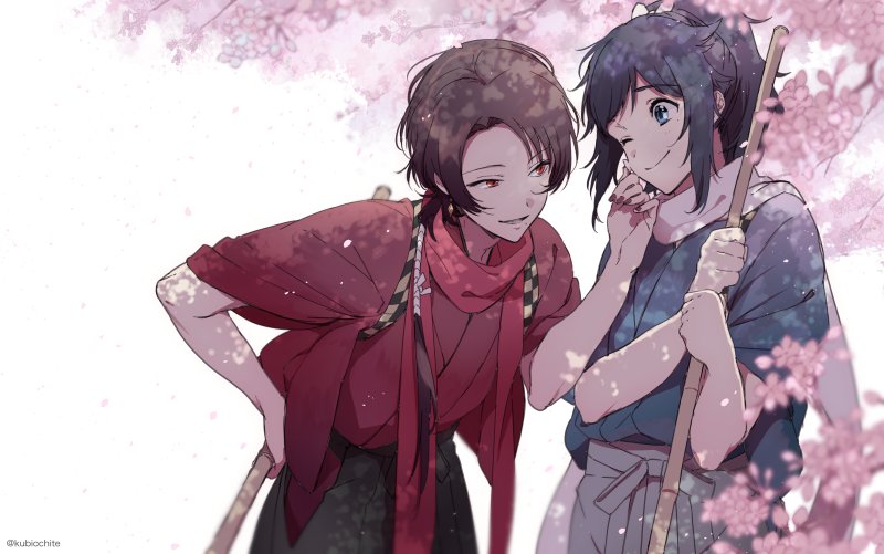 2boys blue_eyes blue_hair broom brown_hair cherry_blossoms dalc_rose hair_ribbon japanese_clothes kashuu_kiyomitsu male_focus mole mole_under_eye mole_under_mouth multiple_boys nail_polish ponytail red_eyes ribbon scarf touken_ranbu twitter_username yamato-no-kami_yasusada