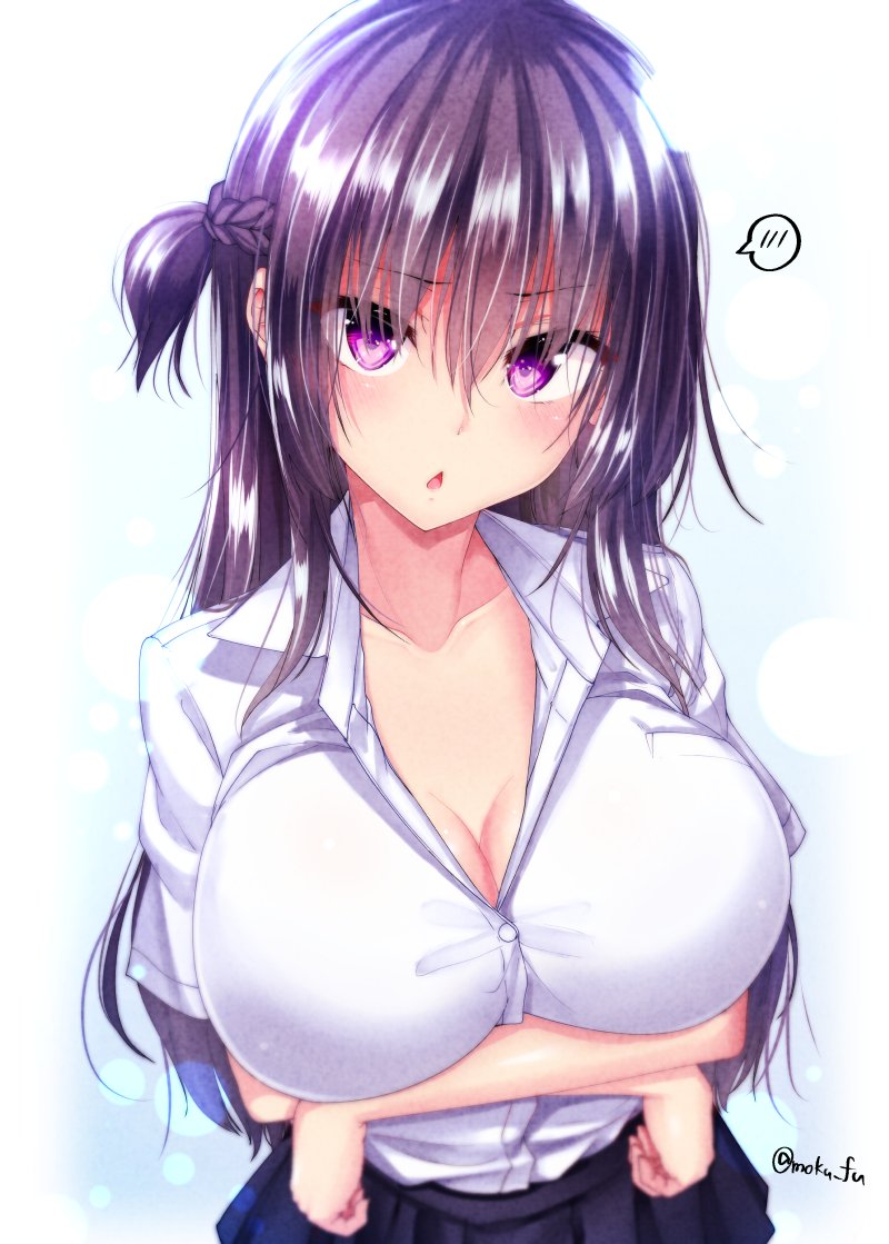 &gt;:o 1girl black_skirt blue_background blush braid breasts cleavage collarbone collared_shirt crossed_arms gradient gradient_background large_breasts lens_flare long_hair looking_at_viewer mokufuu one_side_up original pleated_skirt purple_hair shirt short_sleeves skirt solo speech_bubble spoken_blush twitter_username violet_eyes white_background white_shirt