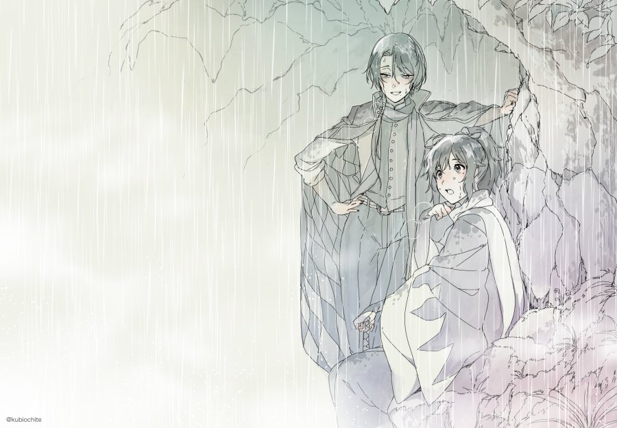 2boys blush dalc_rose earrings hair_ribbon japanese_clothes jewelry kashuu_kiyomitsu kimono limited_palette male_focus mole mole_under_eye mole_under_mouth multiple_boys nail_polish outdoors ponytail rain ribbon scarf sitting touken_ranbu twitter_username wet wet_clothes wet_hair yamato-no-kami_yasusada