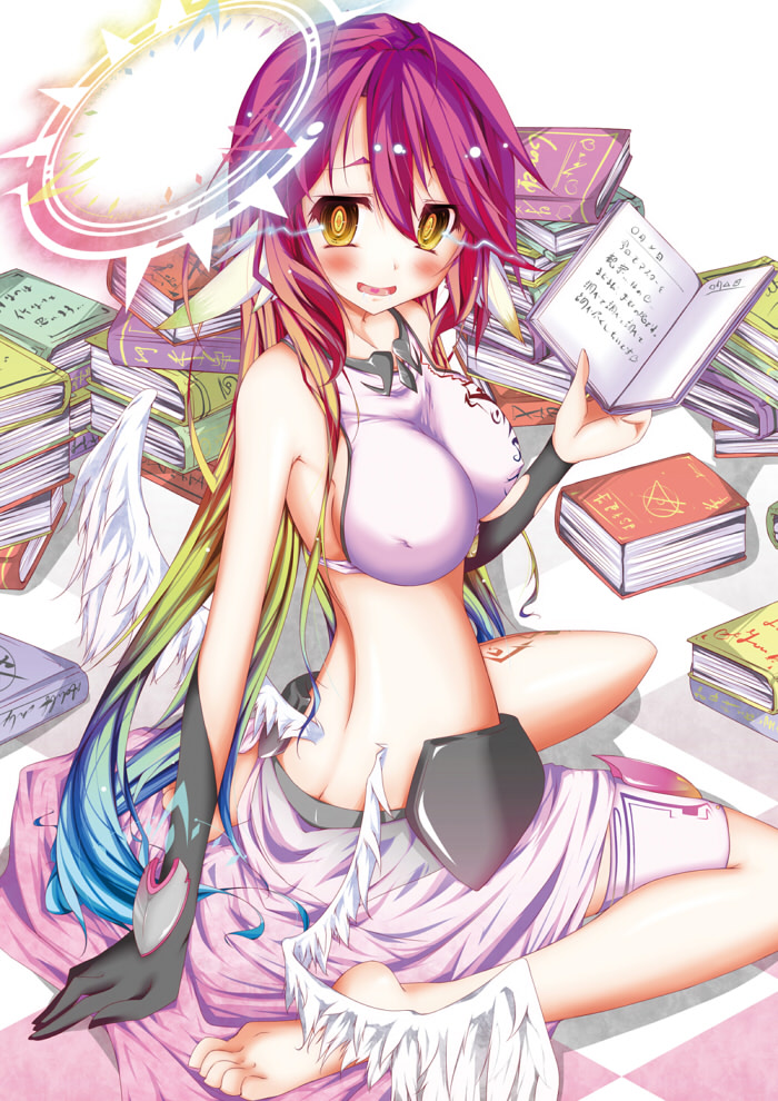 1girl angel_wings blush book breasts crop_top drooling earth0 erect_nipples feathered_wings gloves gradient_hair hair_between_eyes halo holding holding_book jibril_(no_game_no_life) large_breasts long_hair looking_at_viewer low_wings magic_circle midriff multicolored_hair no_game_no_life open_book open_mouth pink_hair saliva sideboob sitting smile solo tattoo very_long_hair white_wings wing_ears wings yellow_eyes