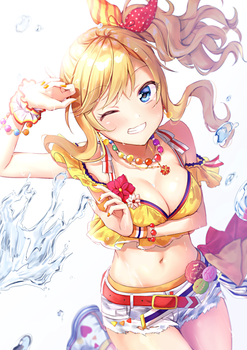 1girl anoa arm_up bangs bead_bracelet bead_necklace beads belt_buckle blonde_hair blue_eyes blurry blush bow bracelet breasts buckle cleavage collarbone commentary_request cowboy_shot crop_top denim denim_shorts depth_of_field earrings eyebrows_visible_through_hair floating_hair from_above grin hair_bow hand_up heart idolmaster idolmaster_cinderella_girls idolmaster_cinderella_girls_starlight_stage jewelry leg_up long_hair looking_at_viewer medium_breasts midriff multicolored_bow navel necklace one_eye_closed ootsuki_yui orange_neckwear polka_dot polka_dot_bow red_belt red_bow shiny shiny_hair shiny_skin shirt short_shorts shorts side_ponytail sidelocks simple_background sleeveless sleeveless_shirt smile solo standing stomach striped striped_bow swept_bangs water water_drop wavy_hair wet wet_clothes wet_hair white_background white_footwear white_shorts wrist_cuffs wristband yellow_bow yellow_shirt