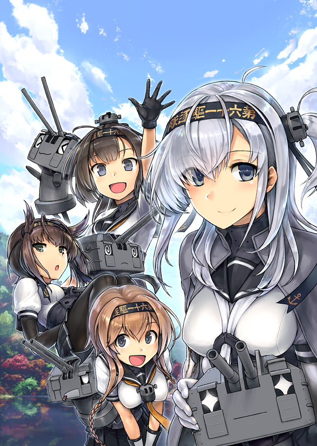 4girls ahoge akizuki_(kantai_collection) anchor_symbol arm_up bending_forward black_bodysuit black_gloves black_hair black_headband black_sailor_collar black_skirt blue_eyes blue_sky blurry blurry_background bodysuit braid brown_hair chou-10cm-hou-chan chou-10cm-hou-chan_(hatsuzuki's) chou-10cm-hou-chan_(suzutsuki's) chou-10cm-hou-chan_(teruzuki's) closed_eyes clothes_writing clouds cloudy_sky commentary_request ebizome eyebrows_visible_through_hair gloves grey_eyes grey_jacket hachimaki hair_flaps hair_ornament hatsuzuki_(kantai_collection) headband jacket kantai_collection light_brown_hair light_smile lips long_hair looking_at_viewer miniskirt multiple_girls neckerchief one_side_up open_mouth outstretched_hand pantyhose pleated_skirt ponytail propeller_hair_ornament sailor_collar short_hair silver_hair skirt sky suzutsuki_(kantai_collection) teruzuki_(kantai_collection) twin_braids upper_body white_bodysuit white_gloves white_neckwear