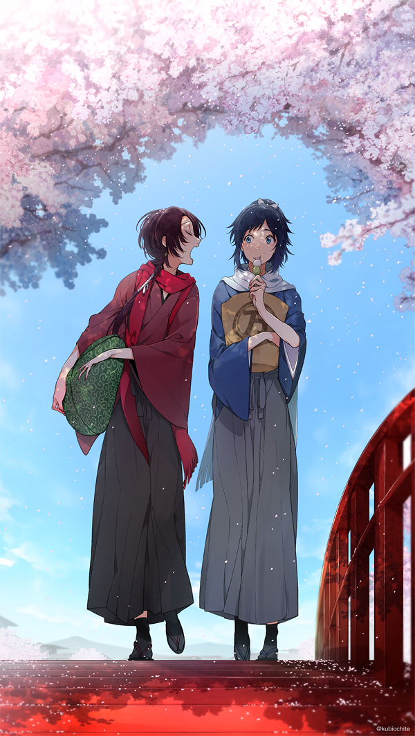 2boys blue_eyes blue_hair bridge brown_hair cherry_blossoms dalc_rose dango eating food japanese_clothes kashuu_kiyomitsu kimono male_focus multiple_boys outdoors ponytail scarf sky touken_ranbu twitter_username wagashi walking yamato-no-kami_yasusada