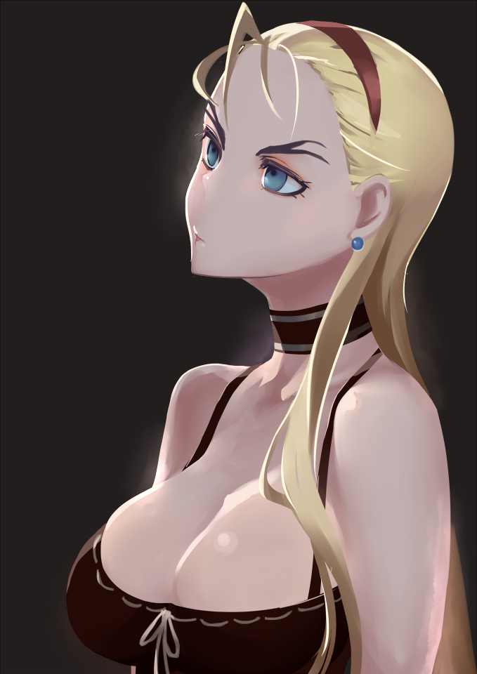 1girl black_dress blonde_hair blue_eyes breasts choker cleavage curry_(dbt) dorothy_catalonia dress earrings eyebrows forked_eyebrows gundam gundam_wing hair_pulled_back hairband jewelry long_hair looking_away medium_breasts ribbon_choker solo upper_body