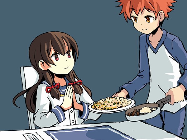 1boy 1girl adrian_ferrer black_hair blue_background commentary cowboy_shot crossover emiya_shirou english_commentary fate/stay_night fate_(series) food fried_rice frying_pan grey_background hair_ribbon isokaze_(kantai_collection) kantai_collection kawasumi_ayako long_hair long_sleeves neckerchief plate raglan_sleeves red_eyes redhead ribbon school_uniform seiyuu_connection serafuku simple_background spiky_hair tress_ribbon upper_body yellow_neckwear