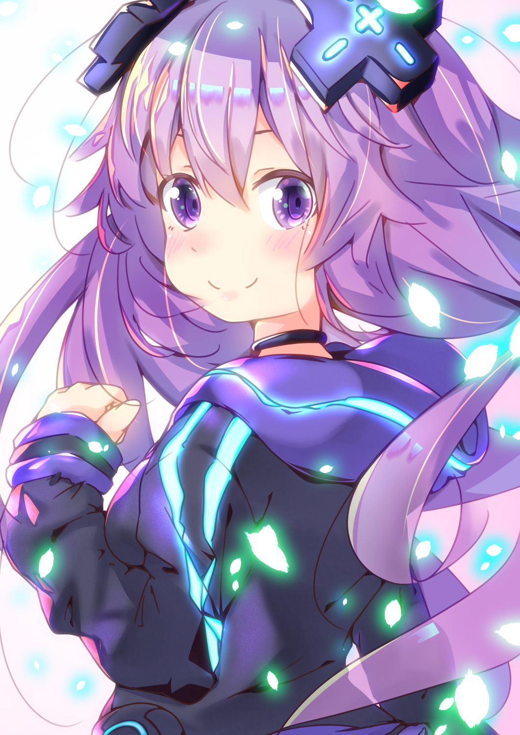 1girl adult_neptune blush choker clenched_hand commentary commentary_request d-pad d-pad_hair_ornament from_behind hair_between_eyes hair_ornament hand_up highres hood hooded_jacket jacket long_hair looking_at_viewer looking_back neptune_(series) purple_hair shin_jigen_game_neptune_vii shiratsuyu_natsume smile solo upper_body violet_eyes
