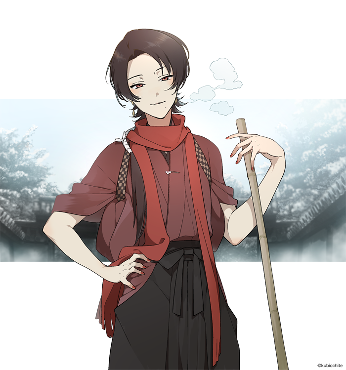 brown_hair dalc_rose earrings hand_on_hip japanese_clothes jewelry kashuu_kiyomitsu male_focus mole mole_under_mouth nail_polish outdoors red_eyes scarf smile solo touken_ranbu twitter_username winter