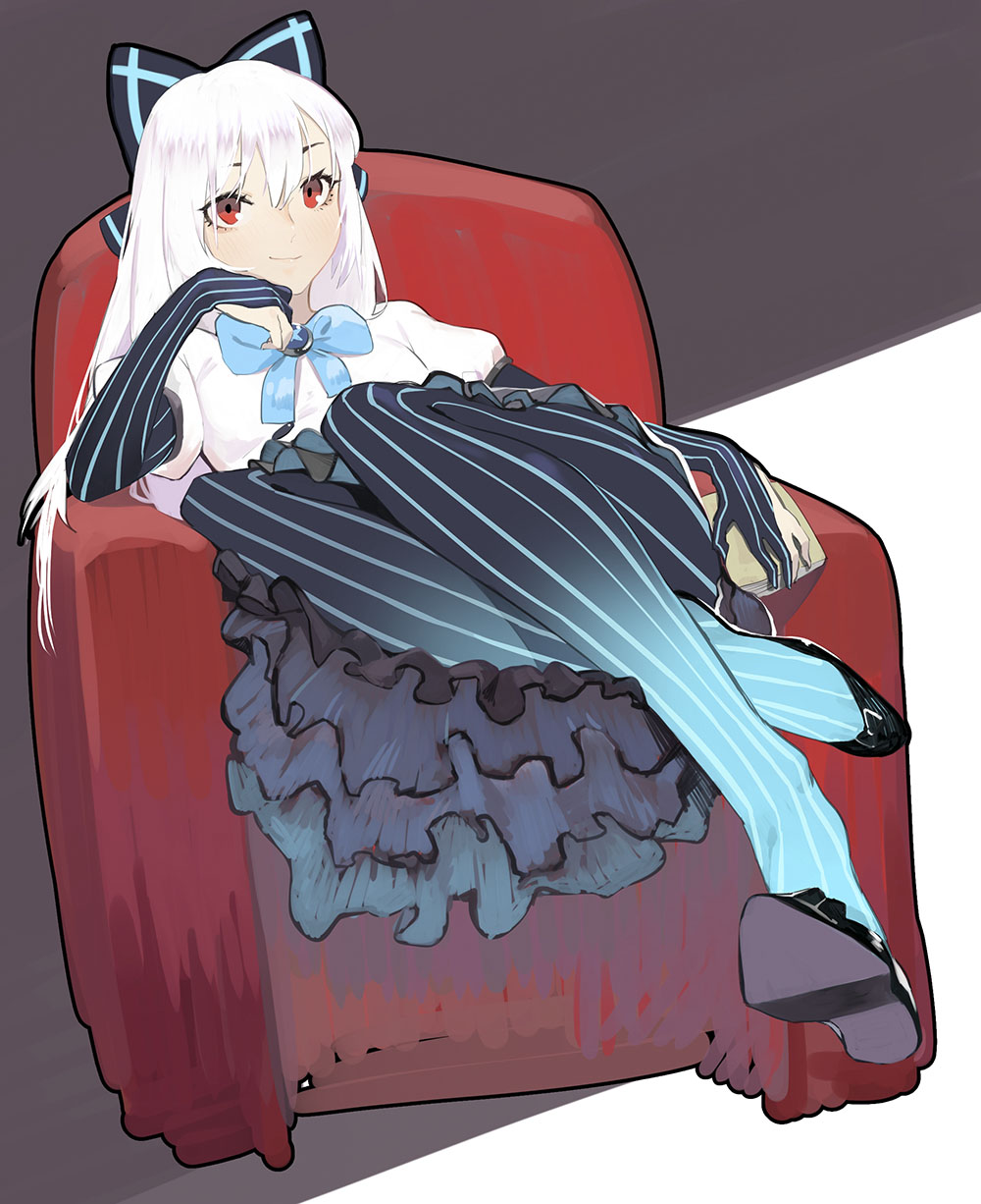 1girl bangs black_footwear blue_bow book bow buttons chair couch dress elbow_gloves girls_frontline gloves hair_between_eyes hair_bow highres holding holding_book juz layered_dress long_hair partly_fingerless_gloves puffy_short_sleeves puffy_sleeves red_eyes shadow short_sleeves sidelocks silver_hair simple_background sitting smile solo striped striped_gloves striped_legwear tokarev_(girls_frontline) white_dress