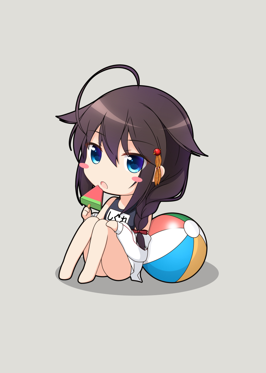 1girl ahoge ball beachball black_hair blue_eyes blue_swimsuit blush_stickers braid chibi food grey_background hair_flaps hair_over_shoulder jacket kantai_collection name_tag open_clothes open_jacket open_mouth popsicle remodel_(kantai_collection) school_swimsuit shigure_(kantai_collection) shirasawa_kazane simple_background single_braid sitting solo swimsuit watermelon_bar white_jacket