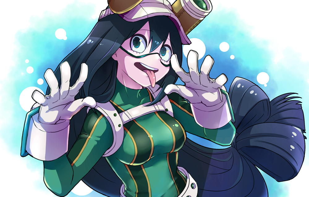 1girl asui_tsuyu black_hair blue_background boku_no_hero_academia breasts gloves goggles goggles_on_headwear green_eyes hair_between_eyes hat long_hair looking_at_viewer low-tied_long_hair medium_breasts sizimi_mi solo tongue tongue_out upper_body very_long_hair white_gloves white_hat