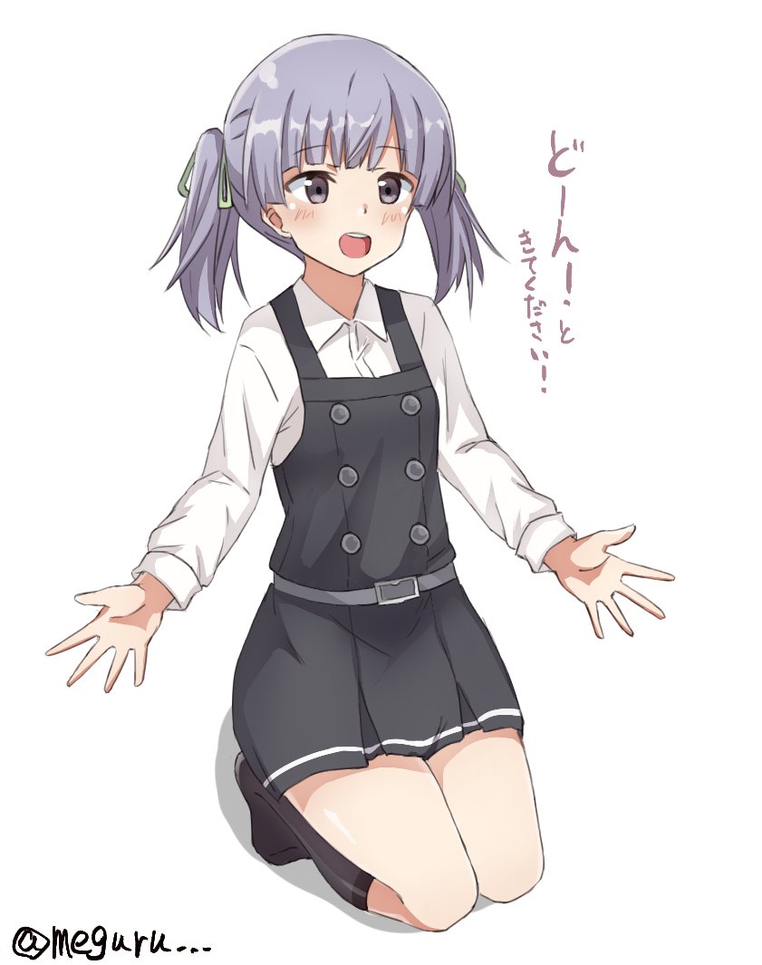 1girl black_legwear dress full_body kantai_collection kneehighs lavender_hair loafers long_hair long_sleeves meguru_(megurunn) ooshio_(kantai_collection) open_mouth outstretched_arms pinafore_dress remodel_(kantai_collection) ribbon seiza shirt shoes short_twintails simple_background sitting smile solo translation_request twintails twitter_username white_background white_ribbon white_shirt