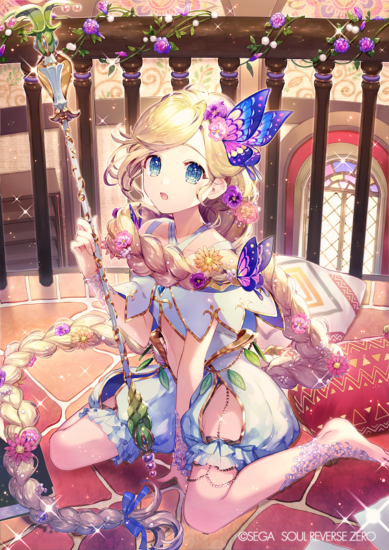 1girl absurdly_long_hair barefoot between_legs blonde_hair blue_eyes braid butterfly_hair_ornament copyright_name flower hair_flower hair_ornament hand_between_legs holding holding_staff indoors long_hair looking_at_viewer midriff momoshiki_tsubaki navel official_art open_mouth pansy railing sitting soul_reverse_zero sparkle staff thigh_strap very_long_hair wariza watermark window