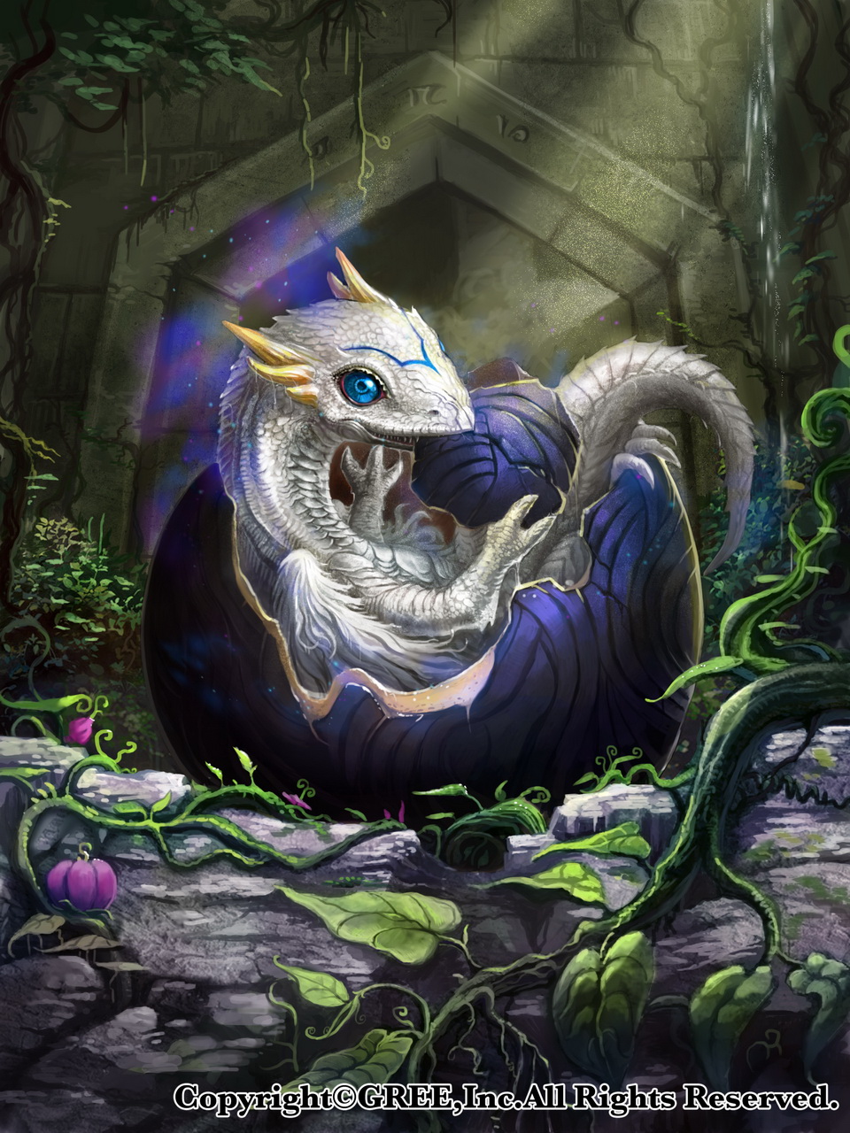 blue_eyes commentary_request dragon egg eggshell hatching highres light_rays looking_at_viewer monster no_humans official_art outdoors plant ruins seisen_cerberus watermark z.dk