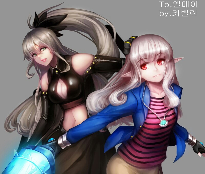 2girls bare_shoulders breasts cleavage cleavage_cutout collarbone commission dungeon_and_fighter elf eyebrows_visible_through_hair kibellin long_hair looking_at_viewer medium_breasts multiple_girls navel open_mouth pointy_ears ponytail