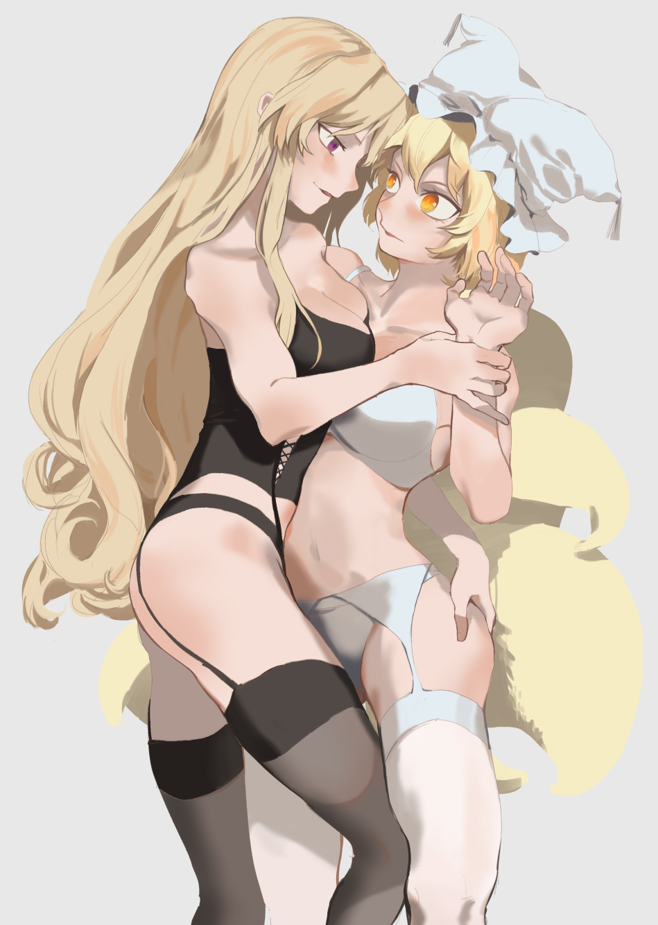 2girls :d animal_ears ass_grab bare_shoulders black_legwear black_panties blonde_hair bra breasts cleavage collarbone commentary_request corset eyelashes fox_ears fox_tail from_side garter_belt garter_straps grabbing_another's_ass groping hat highres large_breasts lingerie long_hair midriff mob_cap multiple_girls multiple_tails navel open_mouth orange_eyes panties pillow_hat profile short_hair simple_background smile standing stomach strapless tail tassel thigh-highs touhou underwear underwear_only very_long_hair violet_eyes white_legwear yakumo_ran yakumo_yukari yuri zeikomi