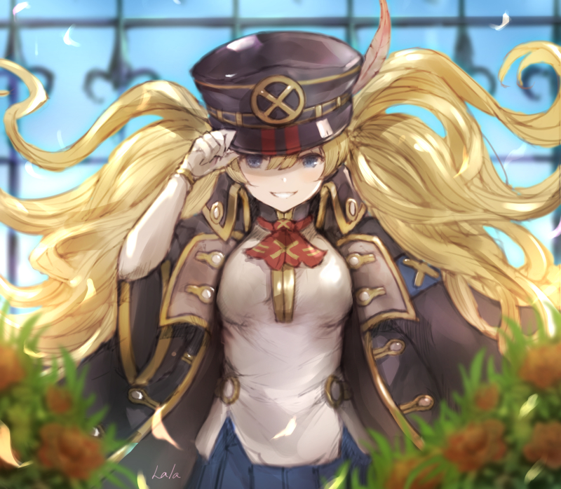 1girl bangs blonde_hair breasts gloves granblue_fantasy hat jacket lala_(0915_yu) long_hair monica_weisswind open_mouth peaked_cap smile solo twintails