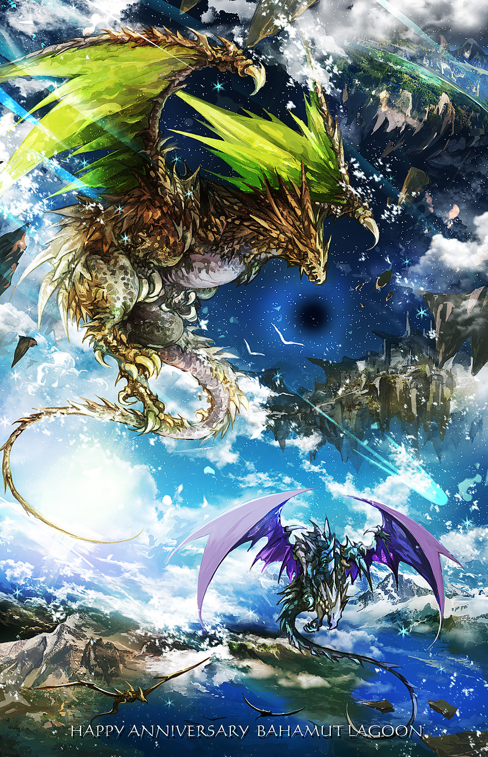 bahamut_lagoon bird blue_sky clouds day dragon english floating_island highres mountain no_humans outdoors sky touka_(jue) water