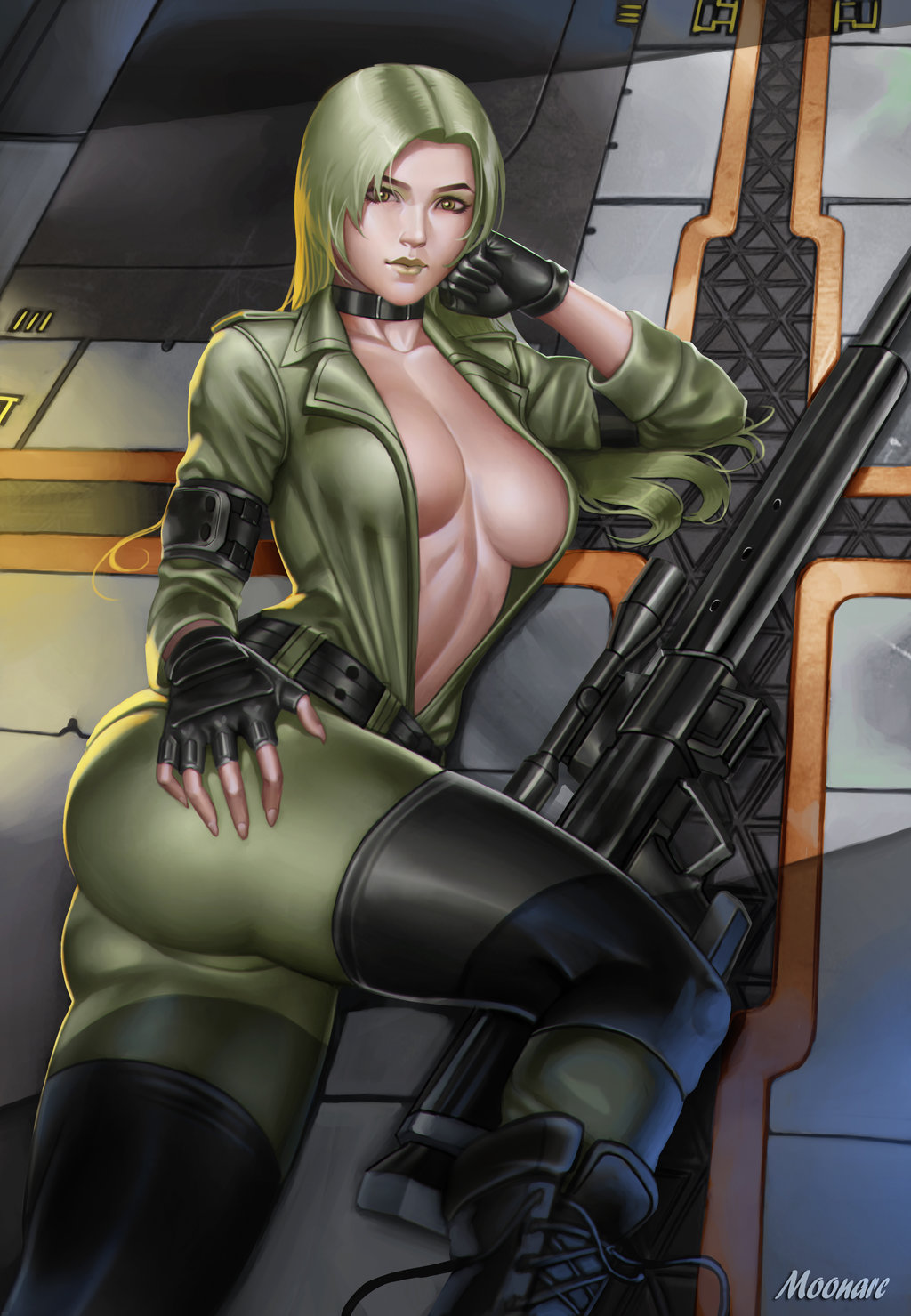 1girl audia_pahlevi belt black_footwear blonde_hair breasts choker cleavage commentary fingerless_gloves fingernails floor gloves gun hand_on_hip hand_on_own_cheek highres jacket large_breasts long_hair lying metal_gear_(series) metal_gear_solid on_side open_clothes open_jacket rifle sleeves_rolled_up sniper_rifle sniper_wolf solo weapon yellow_eyes