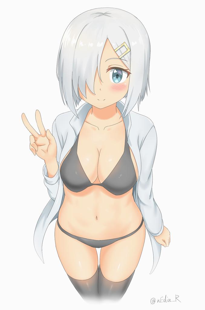 1girl aqua_eyes bikini bikini_under_clothes black_bikini black_legwear blush breasts cleavage collarbone cowboy_shot from_above hair_ornament hairclip hamakaze_(kantai_collection) kantai_collection long_sleeves looking_at_viewer navel nedia_(nedia_region) open_clothes open_shirt shirt short_hair silver_hair simple_background smile solo swimsuit thigh-highs twitter_username v white_background white_shirt