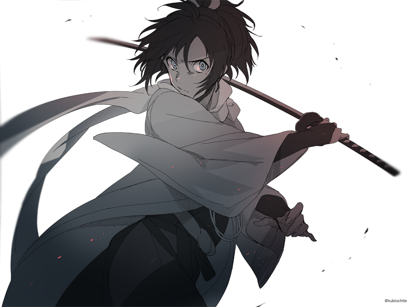 black_hair blue_eyes dalc_rose fighting_stance hair_ribbon japanese_clothes kimono limited_palette looking_at_viewer mole mole_under_eye ponytail ribbon scarf simple_background sword touken_ranbu twitter_username uchigatana weapon yamato-no-kami_yasusada