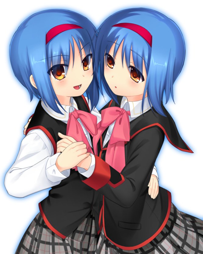 2girls black_vest blue_hair bow brown_eyes cowboy_shot grey_skirt hairband hand_holding little_busters!! looking_at_viewer multiple_girls nishizono_midori nishizono_mio otou_(otou_san) pink_bow plaid plaid_skirt red_hairband school_uniform short_hair siblings simple_background sisters skirt twins vest white_background